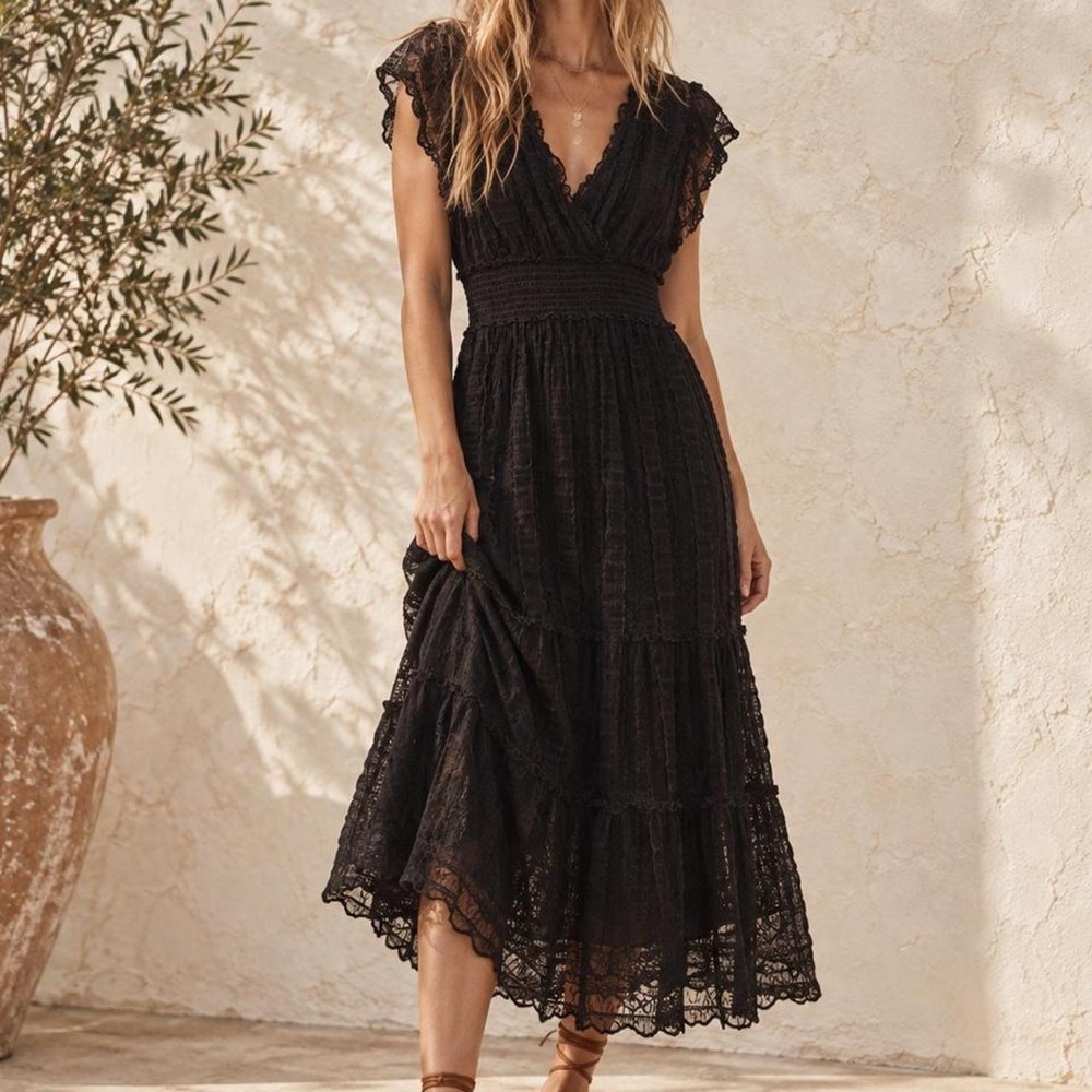 Black Lace Tiered Midi Dress V-Neck Smocked Waist Flutter Sleeve Boho Summer